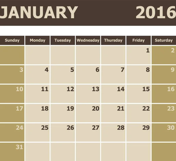 Kalender Januari 2016 Vecka Börjar Från Söndag Stock Vektor — Stock vektor