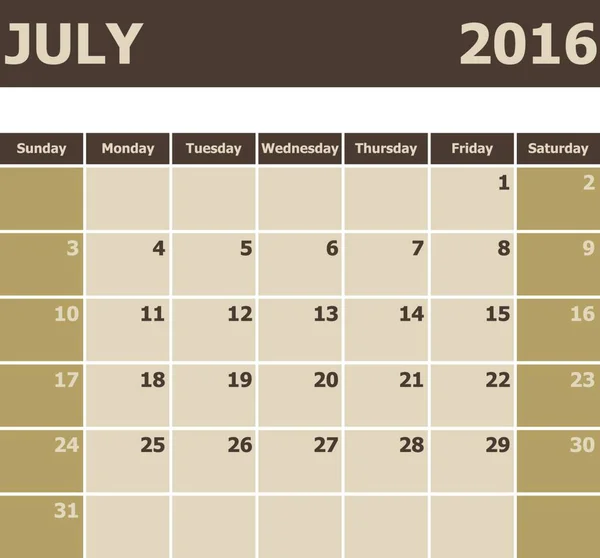 Temmuz 2016 Takvimi Hafta Pazar Günü Başlıyor Hisse Senedi Vektörü — Stok Vektör