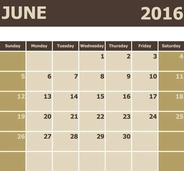 Calendário Junho 2016 Semana Começa Partir Domingo Vetor Estoque — Vetor de Stock