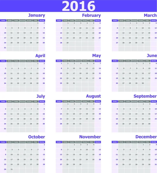 Kalender 2016 Vecka Börjar Från Söndag Stock Vektor — Stock vektor