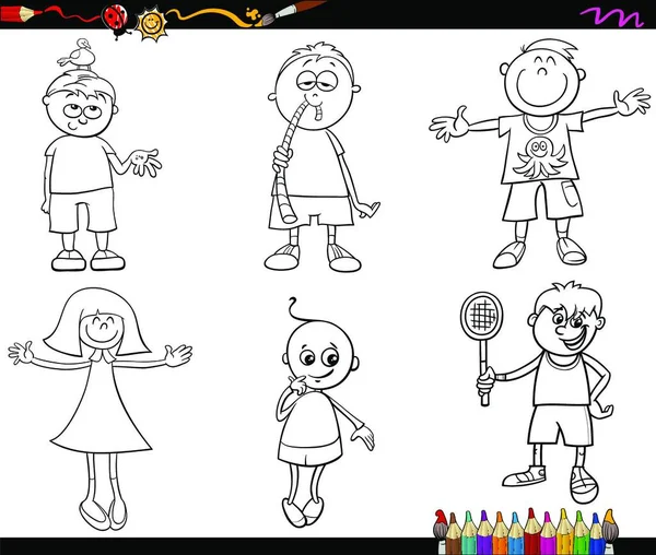 Ασπρόμαυρη Εικονογράφηση Κινουμένων Σχεδίων Των Χαριτωμένων Παιδιών Που Για Βιβλίο — Διανυσματικό Αρχείο
