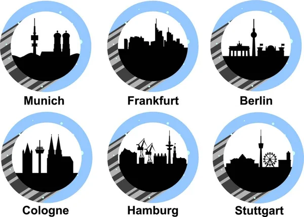 Conjunto Iconos Vectoriales Con Horizonte Ciudades Alemanas Múnich Frankfurt Berlín — Vector de stock