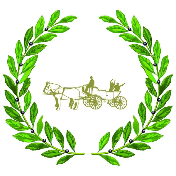 月桂冠と結婚式の馬車 — ストックベクタ