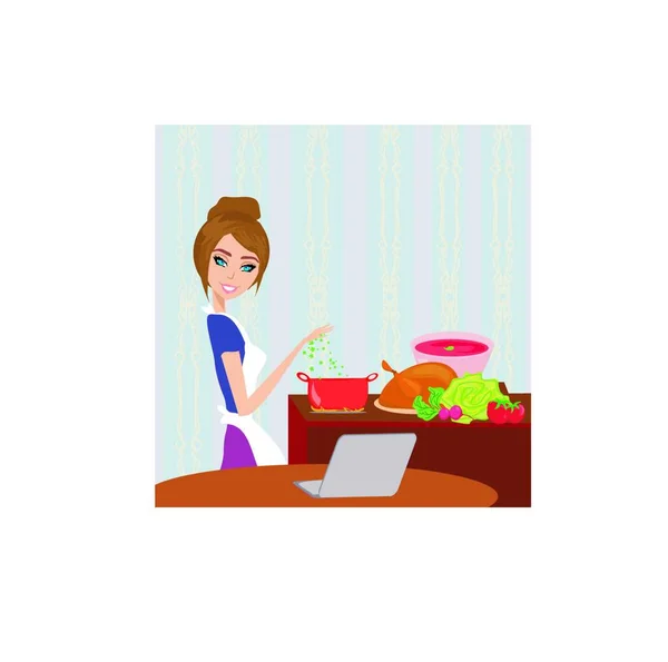 家庭での炊き出し中にノートパソコンを見ている主婦 — ストックベクタ
