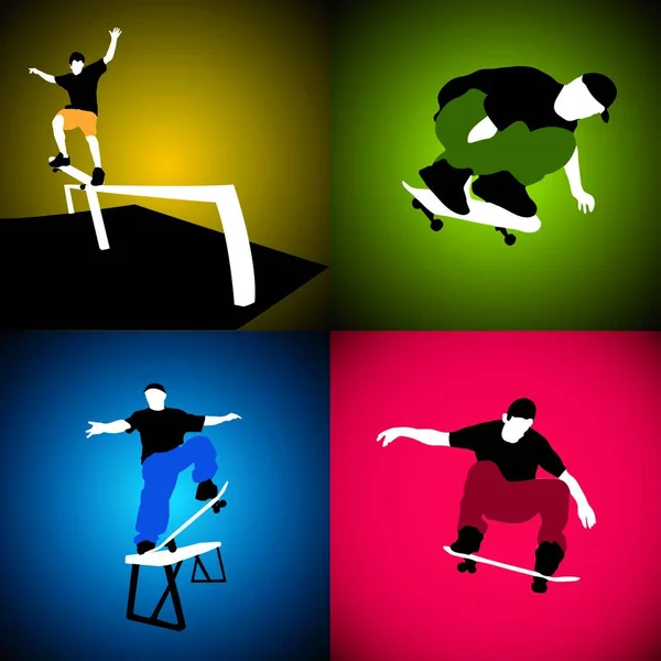Quattro Sagome Vettoriali Skateboarder — Vettoriale Stock
