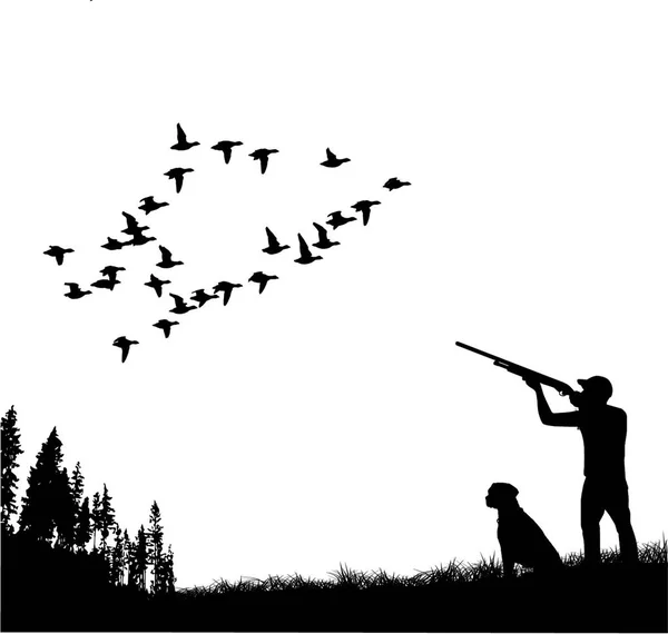 Chasseur Avec Chien Chassant Canard Silhouette Canard — Image vectorielle