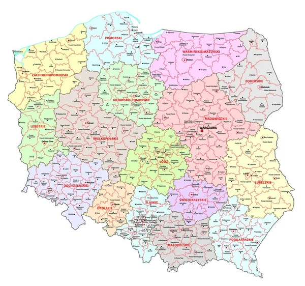 Poland Carte Administrative Illustration Vectorielle — Image vectorielle
