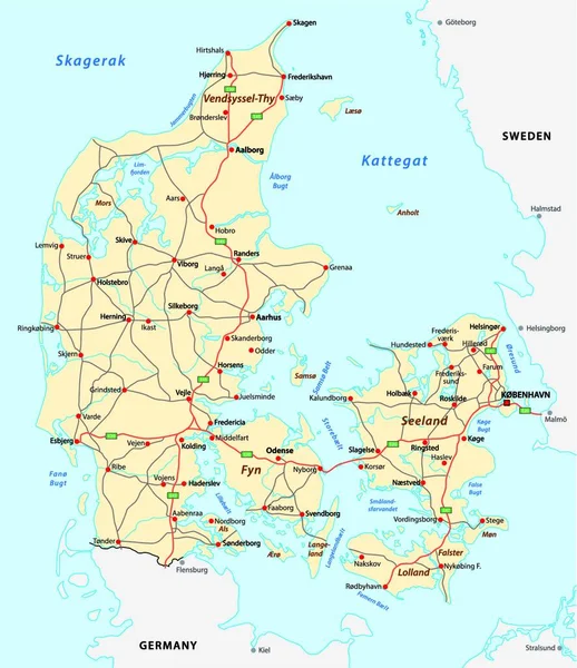 Denmark Road Map Ilustração Vetorial — Vetor de Stock
