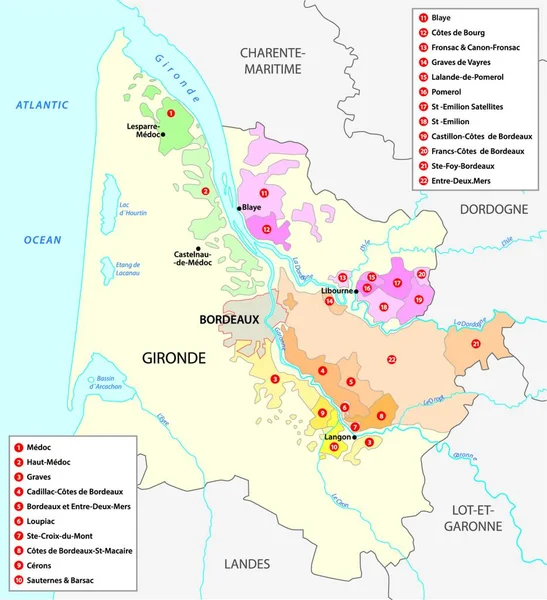 Mapa Região Vinícola Francesa Bordéus — Vetor de Stock