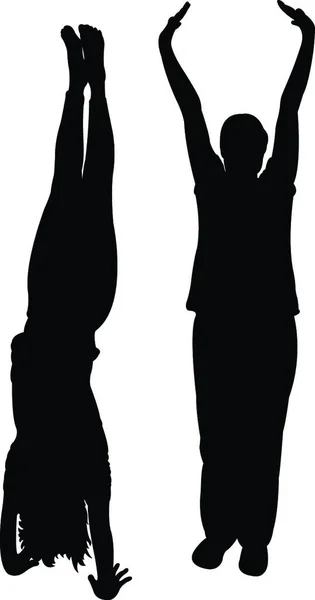 Twee Vrouw Lichaam Silhouet Vector Een Doet Handstand — Stockvector