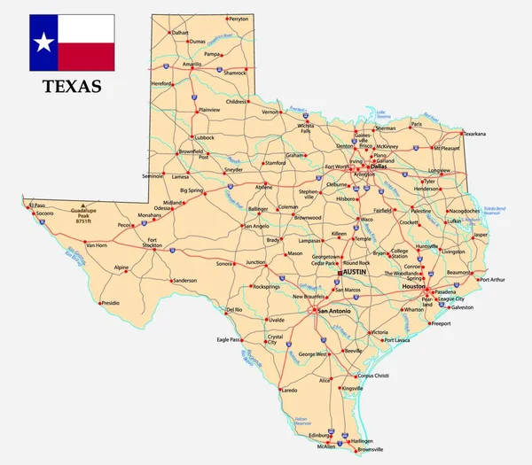 Hoja Ruta Texas Con Bandera — Vector de stock