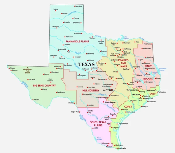 Texas Állam Hét Régiójának Térképe — Stock Vector