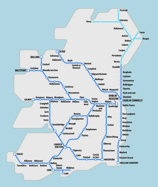 Mapa Irlanda Com Rede Rotas Ferroviárias Esquemáticas —  Vetores de Stock