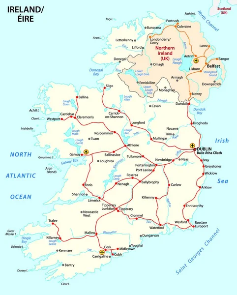 Mapa Irlanda Com Rede Ferroviária Rotas — Vetor de Stock