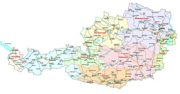 Mapa Carreteras Administrativos Austria — Archivo Imágenes Vectoriales