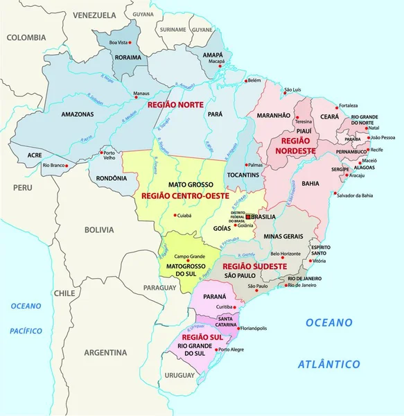 Административная Карта Бразилии Векторная Иллюстрация — стоковый вектор