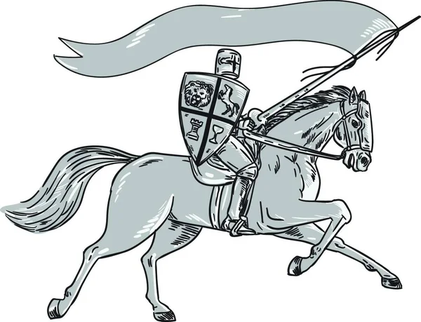 フルアーマー保持ランスで騎士馬のイラスト レトロなスタイルで行われた隔離された白い背景に側面から見たシールドとフラグ乗馬馬 — ストックベクタ