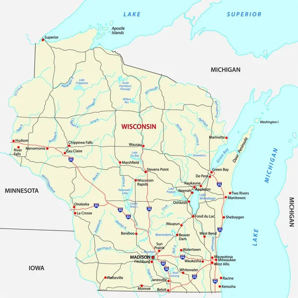 Wisconsin Road Map Ilustração Vetorial —  Vetores de Stock