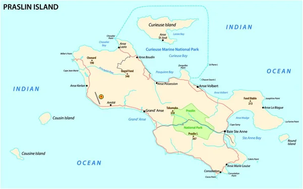 セイシェル島の詳細な道路地図プラスリン — ストックベクタ