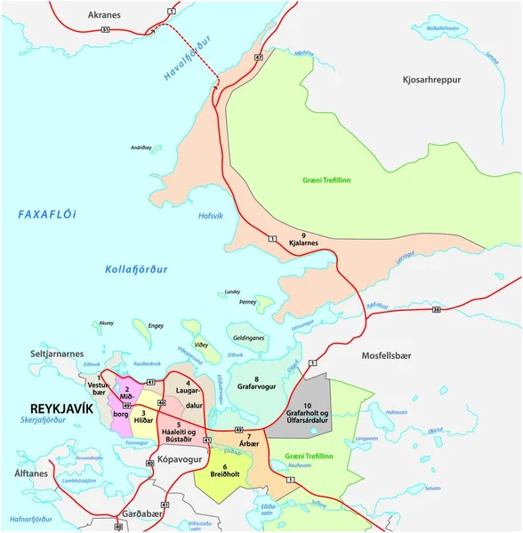 Förvaltnings Och Vektorkarta Över Islands Huvudstad Reykjavik — Stock vektor