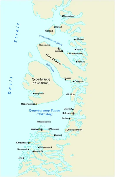 Mapa Zatoki Disko Zachodnim Wybrzeżu Grenlandii Ilustracja Wektora — Wektor stockowy