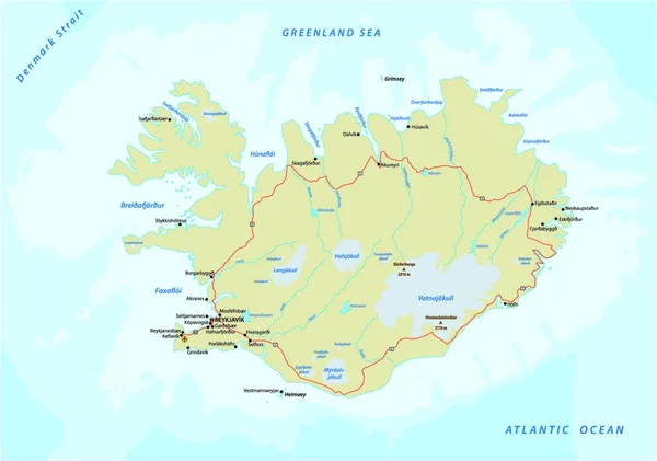 Detaillierte Vektorstraßenkarte Der Republik Island — Stockvektor