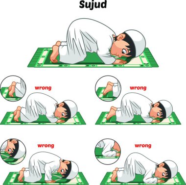 This image is a muslim prayer position guide step by step perform by boy prostrating and position of the feet with wrong position vector illustration clipart