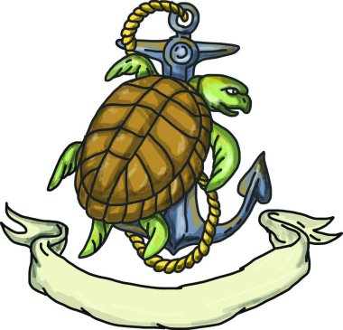 Drawing sketch style illustration of a Kemp's ridley sea turtle or Lepidochelys kempii climbing on boat anchor with rope viewed from rear set on isolated white background with ribbon.  clipart