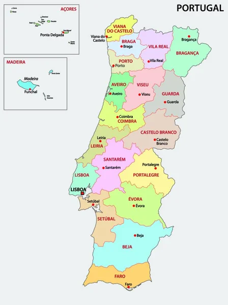 Portugal Mapa Administrativo Ilustração Vetorial —  Vetores de Stock