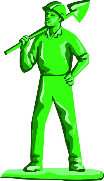 肩には硬質の帽子をかぶって立つ緑のプラスチック製のおもちゃの鉱山労働者のイラストや レトロなスタイルで行われた隔離された白い背景にフロントセットから見える腰に他の手 — ストックベクタ