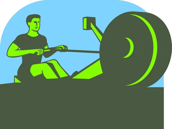 Ilustración Remador Ejercitándose Sobre Una Máquina Remo Vista Desde Frente — Vector de stock
