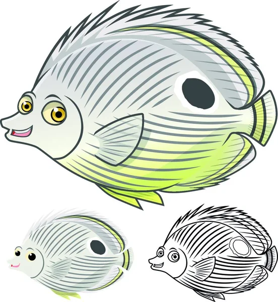 高品質の4目蝶魚の漫画のキャラクターは フラットデザインとラインアートバージョンベクトルイラストが含まれています — ストックベクタ