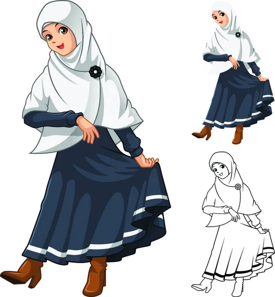 这张照片是一个穆斯林女孩的时尚 身穿白色面纱或围巾 摆出感恩的架势 黑色连衣裙包括平面设计和卡通人物矢量草图 — 图库矢量图片