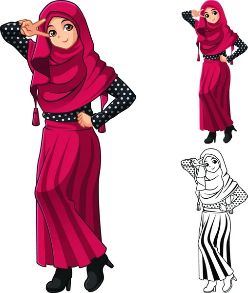 Image Muslim Girl Fashion Wearing Red Veil Scarf Polka Dots — Stock Vector