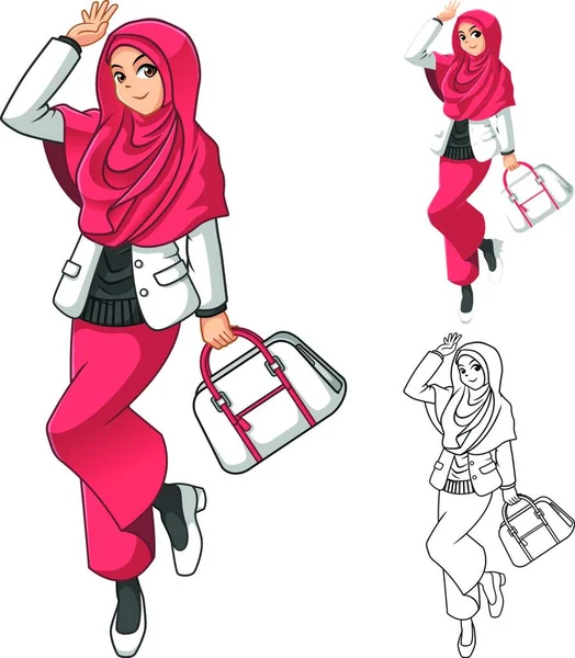 这张照片是一个穆斯林女性时尚 戴着粉色面纱或围巾 提着一个包 休闲装包括平面设计和卡通人物矢量草图 — 图库矢量图片