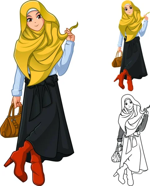 Image Muslim Woman Fashion Wearing Yellow Veil Scarf Holding Brown — Stock Vector