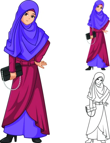 Cette Image Est Une Musulmane Vêtue Voile Foulard Pourpre Tenant — Image vectorielle