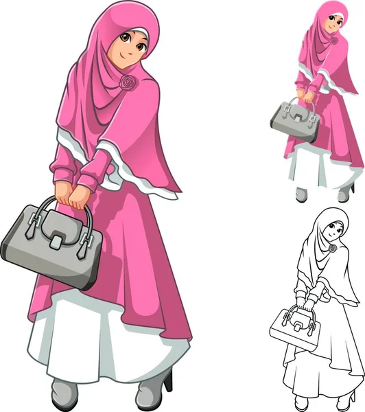 这张图片是一个穆斯林女性时尚 戴着粉色面纱或围巾 穿着配有手提包的服装 包括平面设计和卡通人物矢量草图 — 图库矢量图片