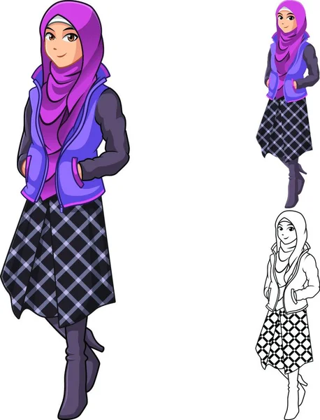 这是一个穆斯林妇女的时尚穿着紫色的面纱或围巾与夹克和线条裙服装包括平面设计和概述版本卡通人物矢量插图 — 图库矢量图片