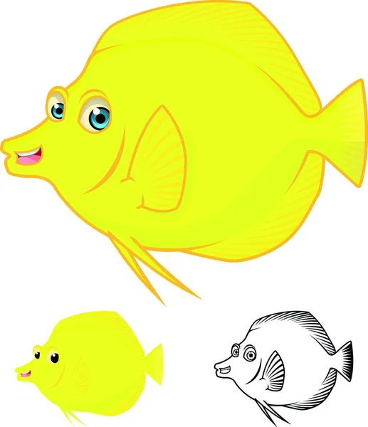 Зображення Високоякісним Жовтим Рибним Мультиплікаційним Персонажем Включає Плоский Дизайн Лінійну — стоковий вектор