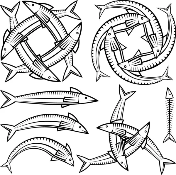 Enkla Och Sammanflätade Fisk Ikoner Isolerad Vit Bakgrund — Stock vektor
