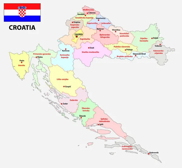 Administrativní Politická Mapa Chorvatska Vlajkou — Stockový vektor