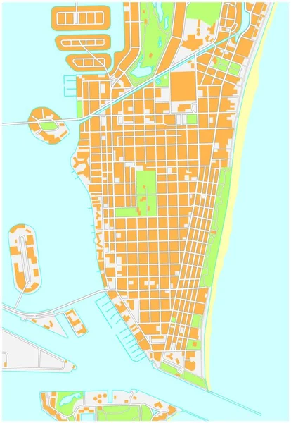 Miami Praia Detalhou Mapa Rua Vetorial Florida —  Vetores de Stock