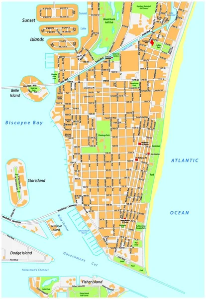 Miami Beach Részletes Vektor Utcai Térkép Nevekkel Florida — Stock Vector
