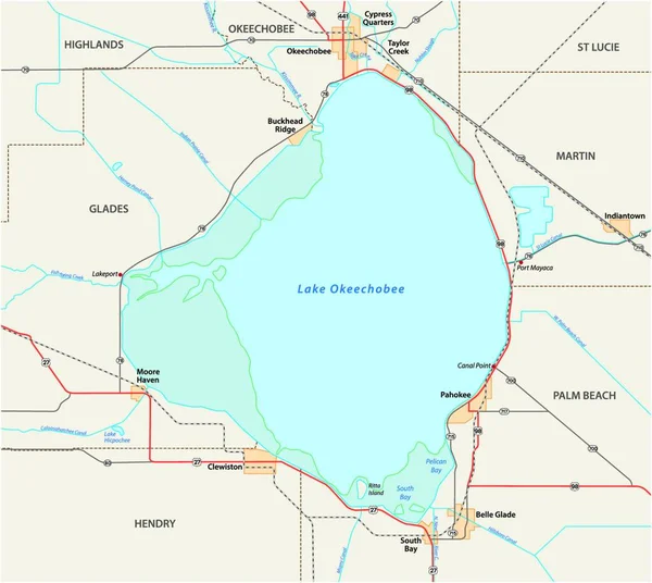 Διανυσματικός Οδικός Χάρτης Της Λίμνης Okeechobee Στην Πολιτεία Της Φλόριντα — Διανυσματικό Αρχείο