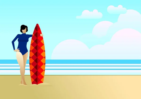 Женщина Стоящая Пляже Доской Серфинга — стоковый вектор