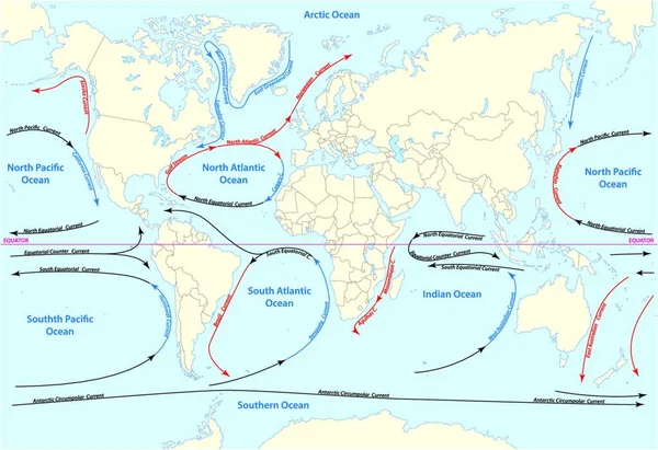 Mapa Mundial Vetorial Com Grandes Correntes Marinhas — Vetor de Stock