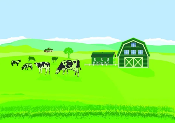 Vaches Dans Pâturage Avec Ferme — Image vectorielle