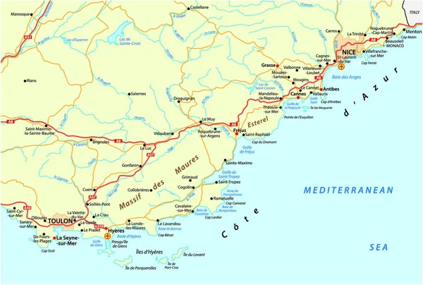 Mapa Detalhado Estrada Vetorial French Riviera —  Vetores de Stock