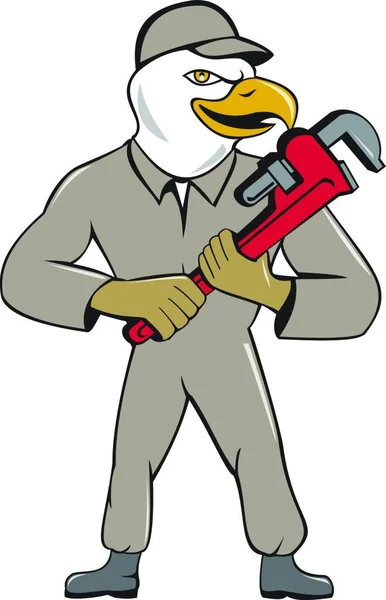 Illustration American Bald Eagle Plumber Holding Monkey Wrench Looking Side — Stock Vector